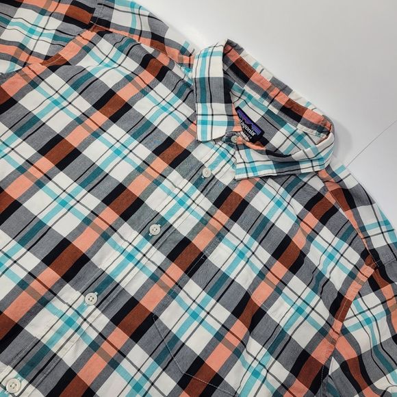 Patagonia Men's Large White Green Orange Black Plaid Button Up Cotton Polyester - Picture 1 of 5